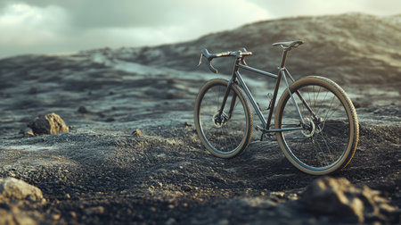 A gravel bike with wide tires and a sleek frame, standing on a rugged terrain.の素材