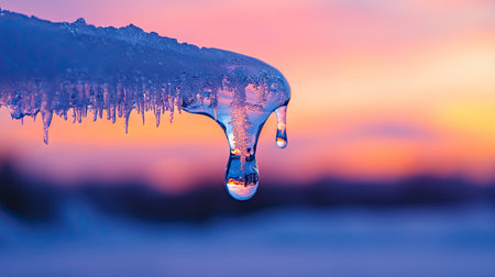 A single melting icicle, its droplet reflecting the stunning colors of the evening sky.の素材