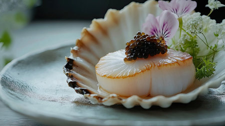 A gourmet scallop dish with edible flowers and a touch of premium caviar, presented on a clean, white plate.の素材