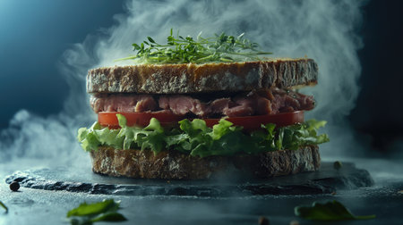 A gourmet sandwich made with canned tuna, whole-grain bread, lettuce, and tomato, garnished with fresh herbs.の素材