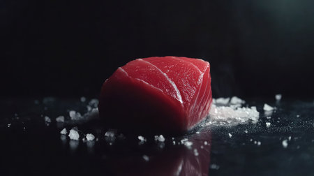 A fresh cut tuna fillet, showing the texture and deep color of the meat against a minimalist background.の素材