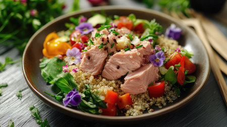 A gourmet meal featuring canned tuna on a bed of quinoa, garnished with edible flowers and fresh veggies.の素材