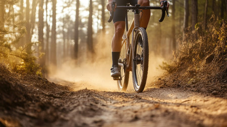 A high-performance gravel bike with deep-section wheels on a dusty trail.の素材