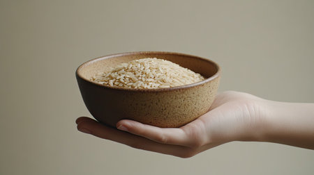 A hand holding a bowl filled with dry brown short-grain rice, with grains spilling gently from the edges.の素材