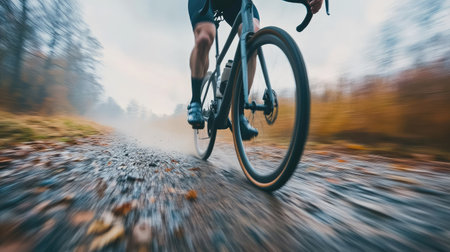A dramatic shot of a gravel cyclist, with blurred tires and background emphasizing speed.の素材
