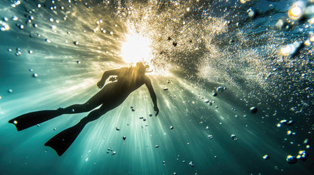 A solo diver gliding through a tranquil sea, surrounded by tiny bubbles and dancing beams of light.の素材