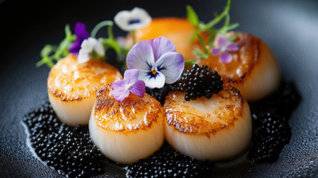 A sophisticated gourmet dish featuring seared scallops, garnished with fresh flowers and luxurious caviar.の素材