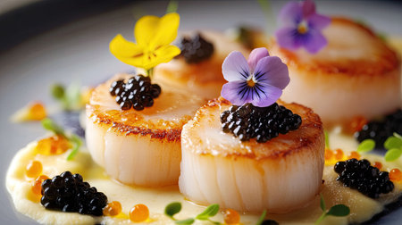 A gourmet serving of scallops beautifully garnished with colorful edible flowers and delicate black caviar.の素材