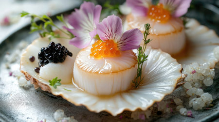 A gourmet scallop dish artfully presented with delicate flowers and caviar, creating an elegant and luxurious dining experience.の素材