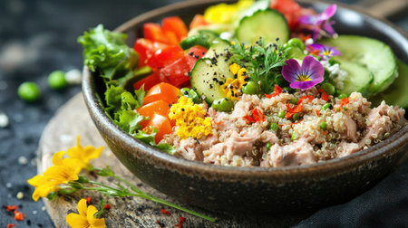 A gourmet meal featuring canned tuna on a bed of quinoa, garnished with edible flowers and fresh veggies.の素材
