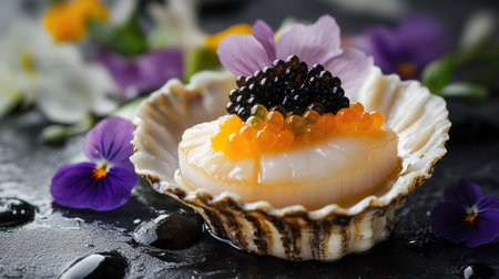 A gourmet scallop dish artfully presented with delicate flowers and caviar, creating an elegant and luxurious dining experience.の素材