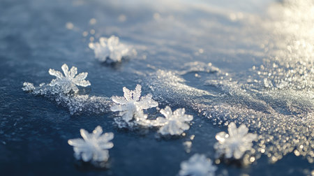 A close-up of frost flowers forming delicate patterns on the ice of a frozen lake.の素材