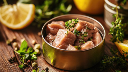 A close-up of an open can of tuna on a wooden table, surrounded by fresh herbs and lemon slices for a gourmet meal.の素材
