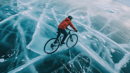 A daring cyclist riding across the smooth, transparent ice of a frozen lake.の素材