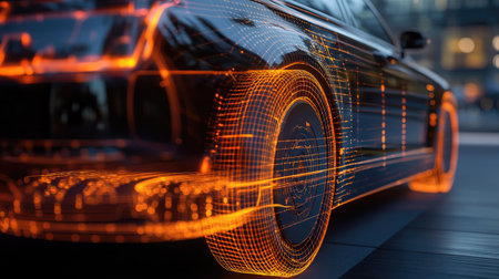 A close-up shot of an autonomous vehicle sensor system, highlighting advanced lidar technology on a sleek car.の素材