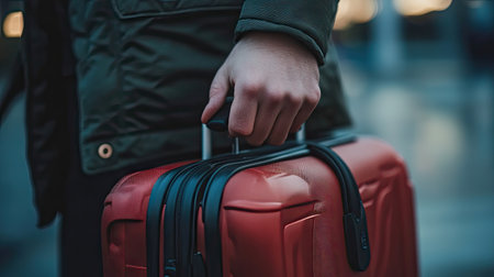 A close-up shot of a man's hand gripping a suitcase handle, the suitcase's textured surface contrasting with the sleek background.の素材
