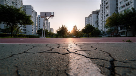 Empty neighborhood basketball court with urban backdrop, slightly cracked surface and painted linesの素材