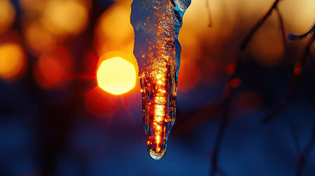 A crystal-clear icicle with the reflection of a fiery winter sunset inside it.の素材