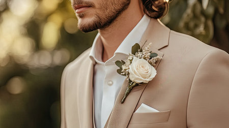 A stylish groom in a beige suit with a delicate white rose boutonniere, looking confident.の素材