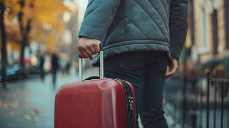 A man's hand wrapped around the handle of a suitcase as he stands outside, ready to embark on a journey in an urban environment.の素材