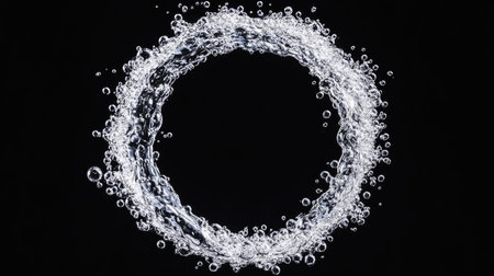 A circular water splash with tiny droplets frozen in time, creating a surreal visual effect.の素材