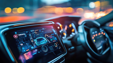 A close-up of a self-driving car's digital dashboard, showing navigation and automated control systems.の素材