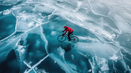A daring cyclist riding across the smooth, transparent ice of a frozen lake.の素材