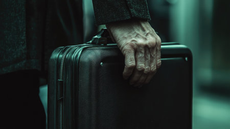 A close-up image of a man's hand tightly holding the handle of a black suitcase, with soft lighting emphasizing the travel mood.の素材