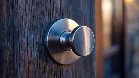 A detailed view of a round stainless steel door knob, focusing on the sharp edges and reflective surface, attached to a wooden door.の素材
