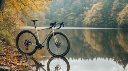 A modern gravel bike placed near a lake, reflecting in the calm water.の素材