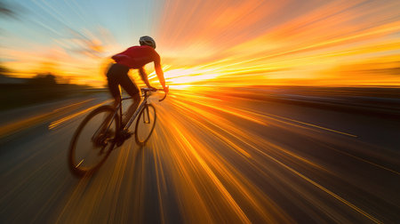 A cyclist riding at dawn, with motion blur from the rising sun casting dramatic light trails.の素材