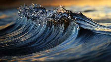 A close-up of a water wave in mid-motion, creating an artistic splash with a sleek, dark background.の素材