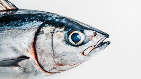 A close-up of fresh tuna fish, showcasing its bright red meat against a clean white background.の素材