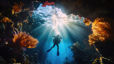 A magical underwater moment as a diver swims through a sunlit coral tunnel.の素材