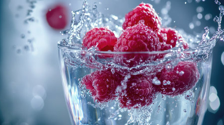A refreshing splash as a cluster of raspberries plunges into a glass of water.の素材