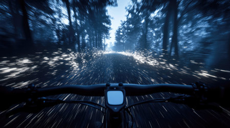 A night ride on a gravel bike, with motion blur from city lights creating a surreal effect.の素材