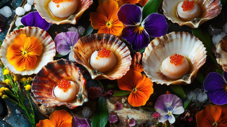 A luxurious plate of gourmet scallops with vibrant flowers and caviar, creating a colorful and refined seafood dish.の素材