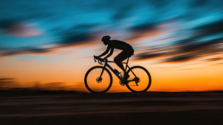 A silhouette of a cyclist on a gravel bike at dusk, with motion blur enhancing the scene.の素材