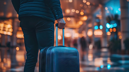 A man's hand holding the handle of a suitcase tightly, standing at a hotel lobby, with a blurred background indicating the start of a trip.の素材