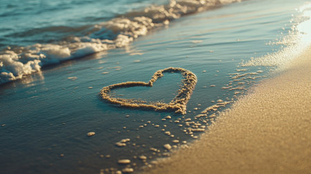 A heart drawn in the wet sand, with the ocean waves just beginning to erase it, symbolizing fleeting love or a moment captured in time.の素材