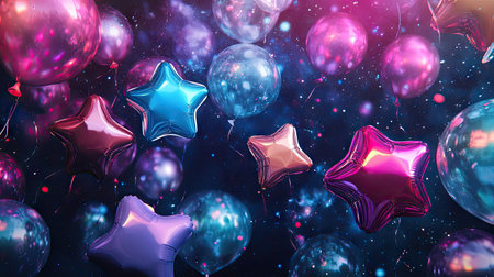 A mix of star and round-shaped balloons floating on a cosmic, deep-space gradient.の素材