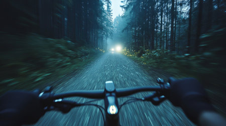 A night ride on a gravel bike, with motion blur from city lights creating a surreal effect.の素材
