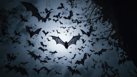 A swarm of bats flying in formation, silhouetted against the pale moonlit sky, creating a spooky atmosphere.の素材