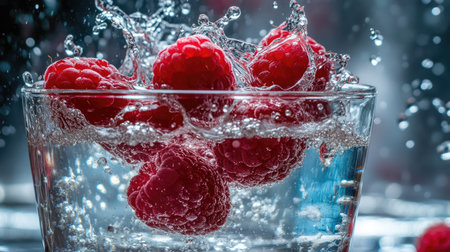 A refreshing splash as a cluster of raspberries plunges into a glass of water.の素材