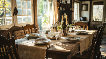 A warm, rustic dining room with a burlap tablecloth over a wooden table, featuring hand-painted plates and vintage glasses.の素材