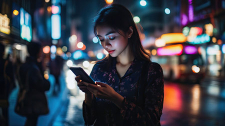 A woman standing on a city street at night, using her smartphone while waiting for a ride.の素材
