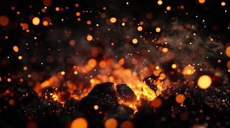 Glowing embers slowly burning, with golden sparks floating in the blackness of the background.の素材