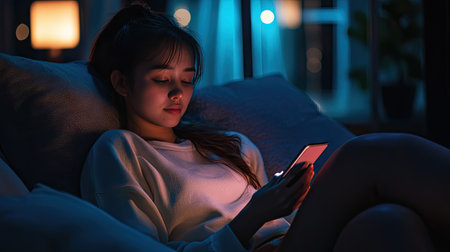A woman relaxing on a couch, holding her smartphone while streaming content at night.の素材