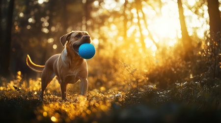 A dog with a bright blue ball in its mouth, standing in a playful stance, ready to race for it. The background is filled with trees and sunlight.の素材