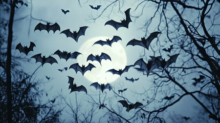 A swarm of bats flying in formation, silhouetted against the pale moonlit sky, creating a spooky atmosphere.の素材